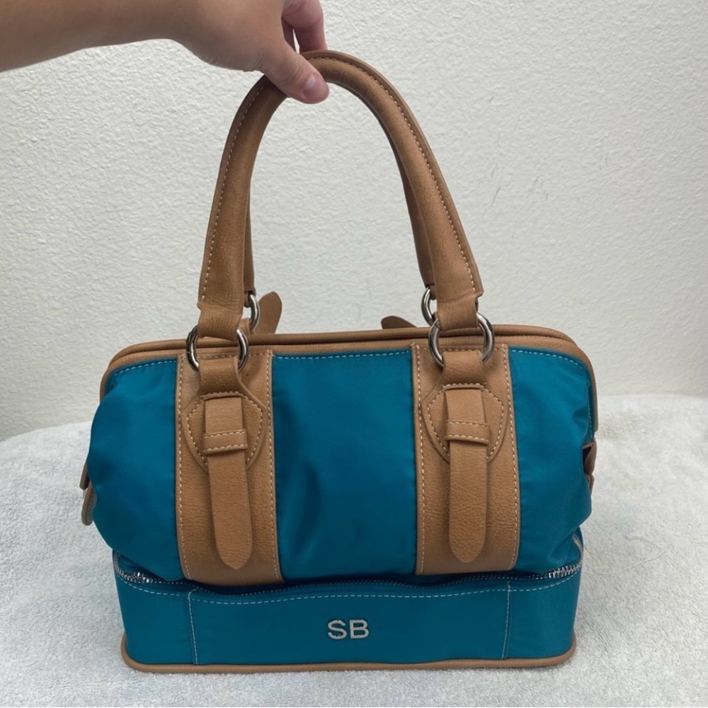 Salvador Bachiller Teal Nylon Tan Faux Leather Satchel With Strap Purse Girly